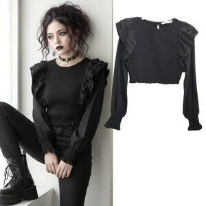 Zara Smocked Crop Top Women's Size XS Gray Stretch Ruffled Long Puff Sleeve